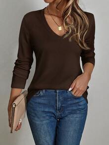 EMERY ROSE Women's Casual Minimalist Cotton V-Neck Long Sleeve T-Shirt, Suitable For Autumn/Winter,Summer Top Everyday Home Daily Wear Dark Brown - Chocolate Brown - View 5