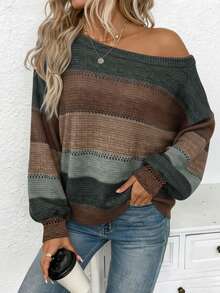 EMERY ROSE Women's Casual Cold Shoulder Sweater, Suitable For Autumn/Winter,Sweaters For Women Spring,Casual,Striped Top - Multicolor - View 7