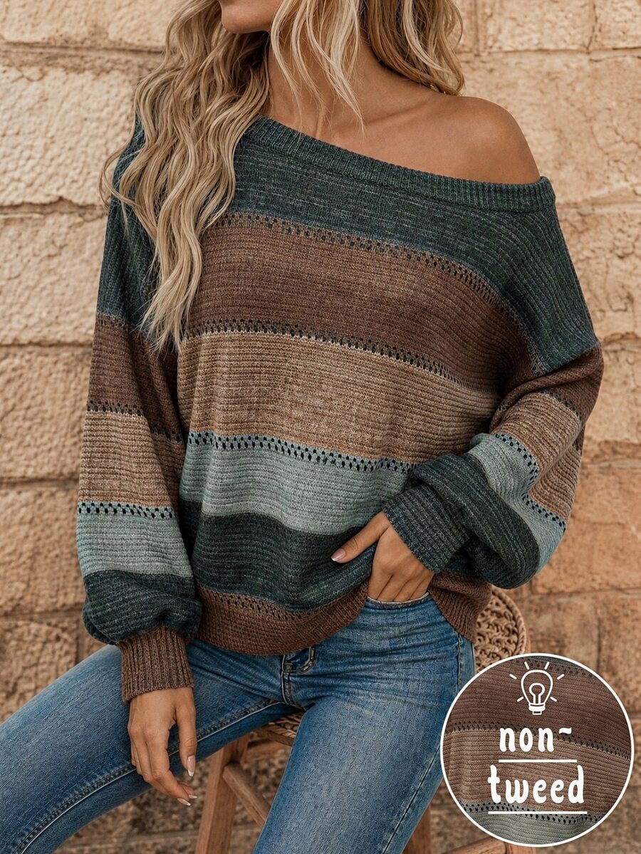 EMERY ROSE Women's Casual Cold Shoulder Sweater, Suitable For Autumn/Winter,Sweaters For Women Spring,Casual,Striped Top - Multicolor - View 1
