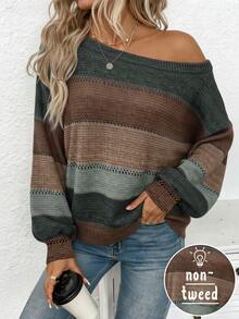 EMERY ROSE Women's Casual Cold Shoulder Sweater, Suitable For Autumn/Winter,Sweaters For Women Spring,Casual,Striped Top - Multicolor - View 3