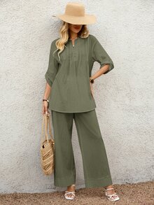 EMERY ROSE Women's Casual Daily Solid Color Notched Neck Drop Shoulder Top And Wide Leg Pants 2 Pieces Set Vacation Olive Green Autumn - Army Green - View 9
