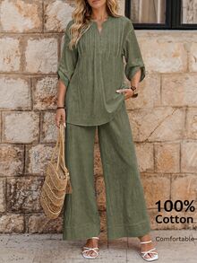 EMERY ROSE Women's Casual Daily Solid Color Notched Neck Drop Shoulder Top And Wide Leg Pants 2 Pieces Set Vacation Olive Green Autumn - Army Green - View 2