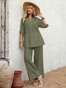 EMERY ROSE Women's Casual Daily Solid Color Notched Neck Drop Shoulder Top And Wide Leg Pants 2 Pieces Set Vacation Olive Green Autumn - Army Green - View 5