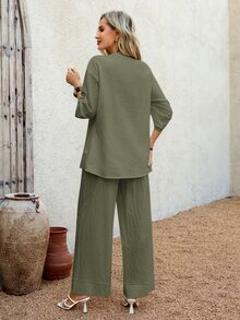 EMERY ROSE Women's Casual Daily Solid Color Notched Neck Drop Shoulder Top And Wide Leg Pants 2 Pieces Set Vacation Olive Green Autumn - Army Green - View 3