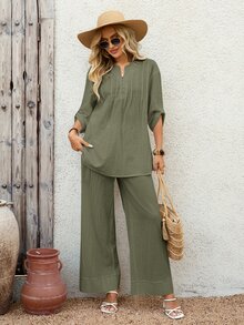 EMERY ROSE Women's Casual Daily Solid Color Notched Neck Drop Shoulder Top And Wide Leg Pants 2 Pieces Set Vacation Olive Green Autumn - Army Green - View 6