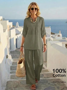 EMERY ROSE Women's Casual Daily Solid Color Notched Neck Drop Shoulder Top And Wide Leg Pants 2 Pieces Set Vacation Olive Green Autumn - Army Green - View 10