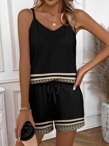 EMERY ROSE Geometric Print Two Pieces Shorts Set For Women, Suitable For Summer Vacation, Elegant And Classic, Bohemian Style - Multicolor - View 4