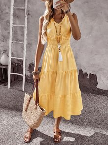 EMERY ROSE Women's White And Yellow Print V-Neck Ruffle Hem Sleeveless Dress Beach Vacation Summer Casual - Yellow - View 4