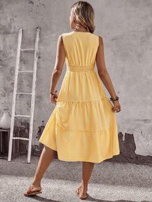 EMERY ROSE Women's White And Yellow Print V-Neck Ruffle Hem Sleeveless Dress Beach Vacation Summer Casual - Yellow - View 2
