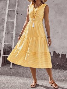 EMERY ROSE Women's White And Yellow Print V-Neck Ruffle Hem Sleeveless Dress Beach Vacation Summer Casual - Yellow - View 5