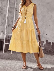 EMERY ROSE Women's White And Yellow Print V-Neck Ruffle Hem Sleeveless Dress Beach Vacation Summer Casual - Yellow - View 3