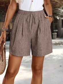 EMERY ROSE Women's Solid Color Waist Tie Ruched Pocket Loose Casual Shorts - Coffee Brown - View 7