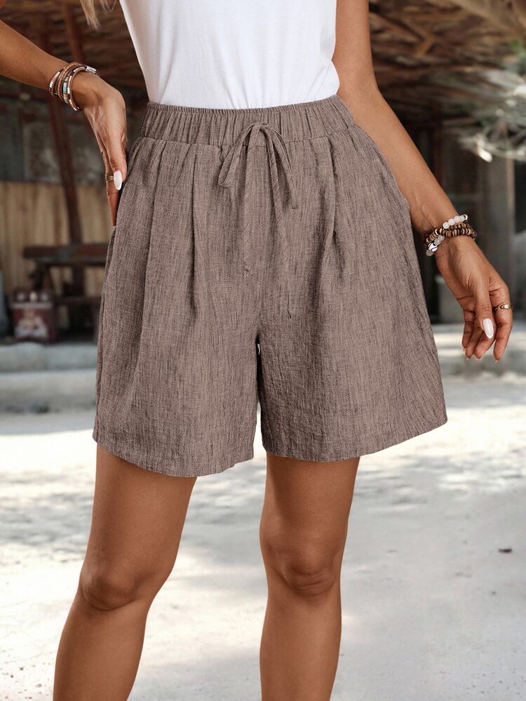 EMERY ROSE Women's Solid Color Waist Tie Ruched Pocket Loose Casual Shorts - Coffee Brown - View 10