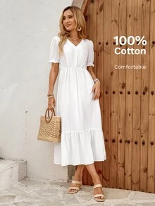 EMERY ROSE Women's Casual Cottage Core French Style Solid Color Dress Holiday Tea Party Vacation White Summer Country For Women Dresses Cotton And Linen - White - View 6