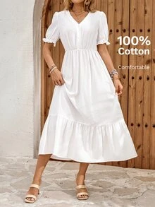 EMERY ROSE Women's Casual Cottage Core French Style Solid Color Dress Holiday Tea Party Vacation White Summer Country For Women Dresses Cotton And Linen - White - View 10