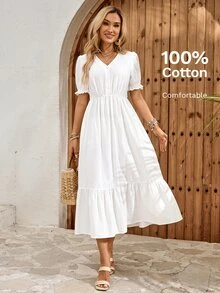 EMERY ROSE Women's Casual Cottage Core French Style Solid Color Dress Holiday Tea Party Vacation White Summer Country For Women Dresses Cotton And Linen - White - View 7