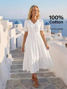 EMERY ROSE Women's Casual Cottage Core French Style Solid Color Dress Holiday Tea Party Vacation White Summer Country For Women Dresses Cotton And Linen - White - View 8