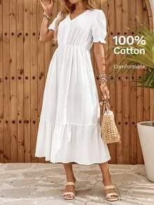 EMERY ROSE Women's Casual Cottage Core French Style Solid Color Dress Holiday Tea Party Vacation White Summer Country For Women Dresses Cotton And Linen - White - View 5