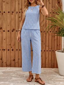 EMERY ROSE Women's Blue And White Stripe And Striped Print Sleeveless Top And Pants 2 Pieces Set Beach Vacation Summer Coastal Chic Modest Casual - Multicolor - View 5