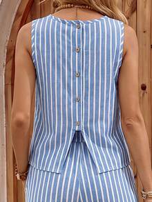 EMERY ROSE Women's Blue And White Stripe And Striped Print Sleeveless Top And Pants 2 Pieces Set Beach Vacation Summer Coastal Chic Modest Casual - Multicolor - View 3