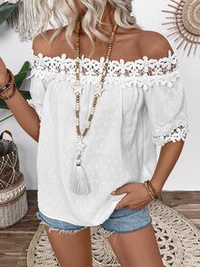 EMERY ROSE Blouse à épaules dénudées texturée de couleur unie avec détails à volants - Blanc - Voir 9
