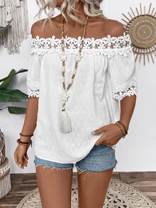 EMERY ROSE Blouse à épaules dénudées texturée de couleur unie avec détails à volants - Blanc - Voir 5