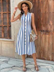 EMERY ROSE Women's Summer Geometric Pattern Print Round Neck Short-Sleeve Dress Vacation Blue And White Stripe Sailor Casual Coastal Tropical Tea Party Beach - Multicolor - View 8