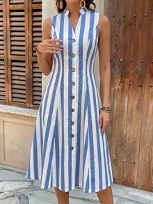 EMERY ROSE Women's Summer Geometric Pattern Print Round Neck Short-Sleeve Dress Vacation Blue And White Stripe Sailor Casual Coastal Tropical Tea Party Beach - Multicolor - View 9