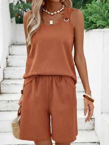 EMERY ROSE Women's Summer Solid Color Ring Strap Top Shorts Set Vacation Rust Brown Casual Boho - Rust Brown - View 4