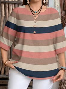 EMERY ROSE Women's Casual Striped Print 3/4 Sleeve Notched Neck Blouse - Multicolor - View 6