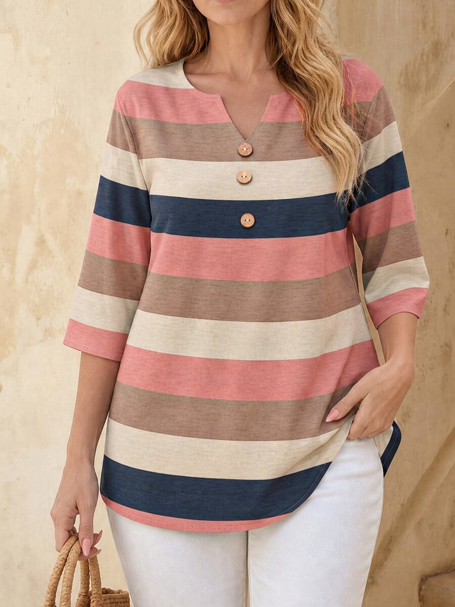 EMERY ROSE Women's Casual Striped Print 3/4 Sleeve Notched Neck Blouse - Multicolor - View 1