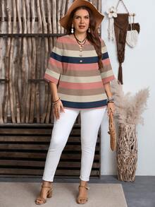 EMERY ROSE Women's Casual Striped Print 3/4 Sleeve Notched Neck Blouse - Multicolor - View 4