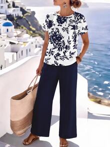 EMERY ROSE Set de 2 piezas de top de cuello redondo casual y pantalones sueltos para mujer, conjunto versátil adecuado para primavera y otoño - Multicolor - Ver 10