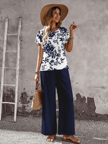 EMERY ROSE Set de 2 piezas de top de cuello redondo casual y pantalones sueltos para mujer, conjunto versátil adecuado para primavera y otoño - Multicolor - Ver 5