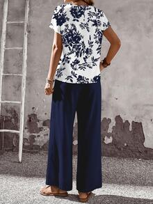 EMERY ROSE Set de 2 piezas de top de cuello redondo casual y pantalones sueltos para mujer, conjunto versátil adecuado para primavera y otoño - Multicolor - Ver 3