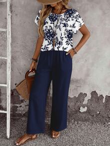 EMERY ROSE Set de 2 piezas de top de cuello redondo casual y pantalones sueltos para mujer, conjunto versátil adecuado para primavera y otoño - Multicolor - Ver 4