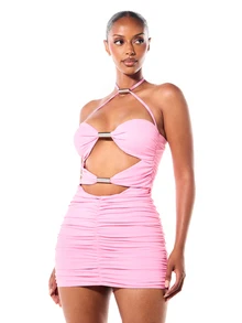 SUMWON WOMEN Ruched Bodycon Mini Dress With Halter Neck Cut-Out Detail And Silver Metal Bar Trim Party Club Night Out Style - Pink - View 1