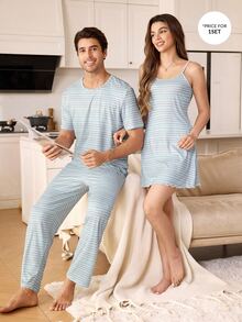 CoupledUp Casual Striped Print Short Sleeve Long Pants Men's Pajama Set - Multicolor - View 6
