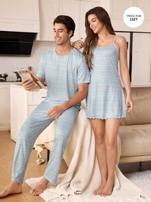 CoupledUp Casual Striped Print Short Sleeve Long Pants Men's Pajama Set - Multicolor - View 7