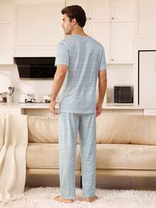CoupledUp Casual Striped Print Short Sleeve Long Pants Men's Pajama Set - Multicolor - View 2