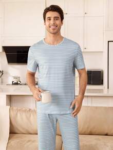 CoupledUp Casual Striped Print Short Sleeve Long Pants Men's Pajama Set - Multicolor - View 4