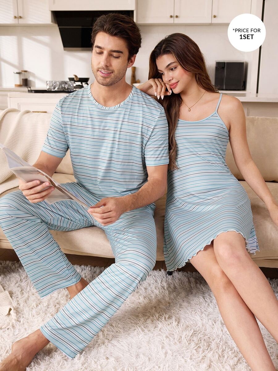 CoupledUp Casual Striped Print Short Sleeve Long Pants Men's Pajama Set - Multicolor - View 1