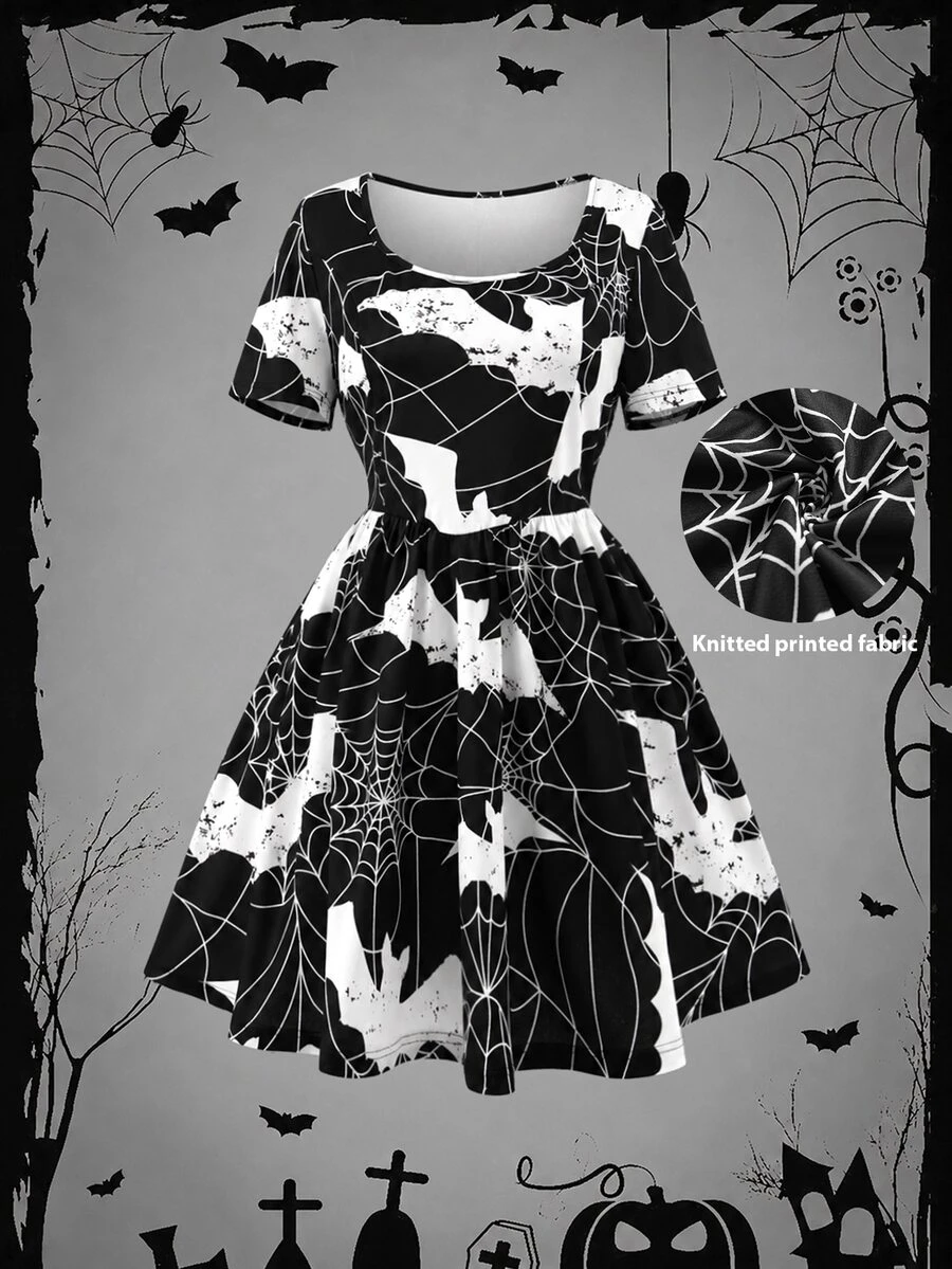 DreamSkyne Plus Size Bat Spider Web Square Neck Tiered Short Dress DreamSkyne Plus Size Bat Spider Web Square Neck Tiered Short Dress