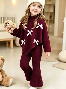 Elladie kids Tween女孩 春/秋/冬休閒T恤套裝，設計感不對稱套頭高領針織羅紋刷毛布料酒紅色純色長袖T恤上衣，搭配酒紅色休閒喇叭長褲，2件套，適合春/秋/冬返校季，優雅女士簡約通勤高級感穿搭，適用於日常上學、外出、度假和派對 - 酒紅色 - 查看 7