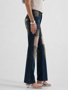 Zerodot Women Vintage Wash Denim Lace Insert Distressed Bootcut Jeans Party Going Out Fall Pre Fall - Medium Wash - View 3