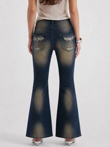 Zerodot Women Vintage Wash Denim Lace Insert Distressed Bootcut Jeans Party Going Out Fall Pre Fall - Medium Wash - View 2