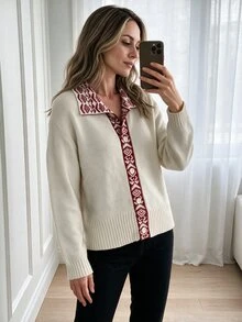 SHEIN LUNE 復古優雅幾何圖案女款秋季開襟衫，女款返校通勤穿搭 - 杏色 - 查看 4