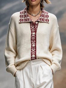 SHEIN LUNE 復古優雅幾何圖案女款秋季開襟衫，女款返校通勤穿搭 - 杏色 - 查看 5