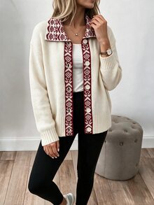 SHEIN LUNE 復古優雅幾何圖案女款秋季開襟衫，女款返校通勤穿搭 - 杏色 - 查看 3