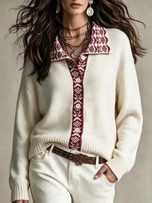 SHEIN LUNE 復古優雅幾何圖案女款秋季開襟衫，女款返校通勤穿搭 - 杏色 - 查看 1